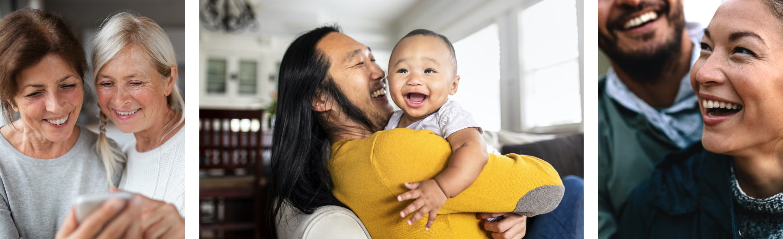 Examples of typical investors that Vanguard takes a stand for, including two women looking at an iPhone, an adult male holding an infant boy, and a woman and man sharing a lighter moment.